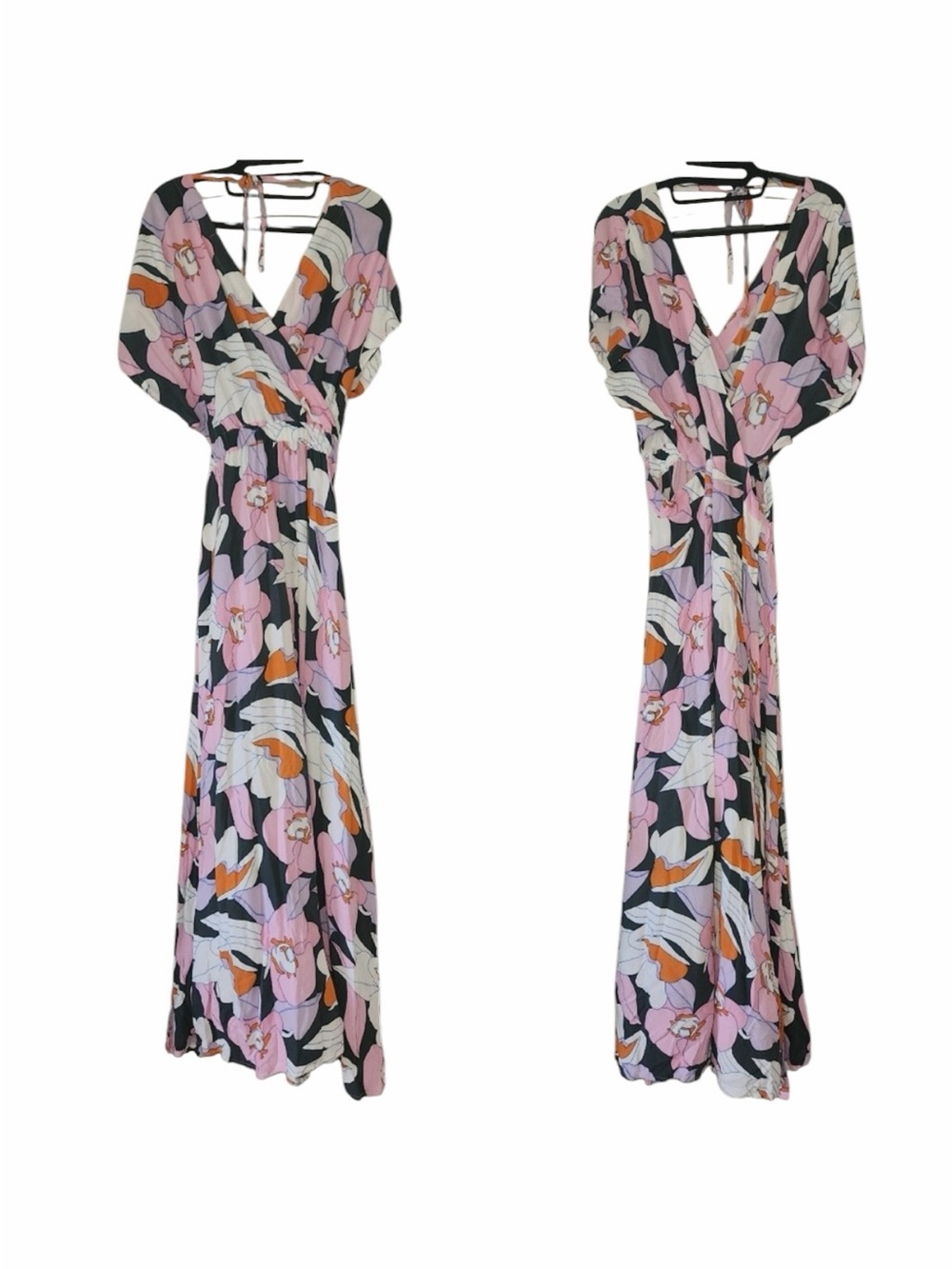 Ava Sky Dress Bardot Misty Retro Orchid Oasis M Maxi gown tropical floral wrap - Picture 4 of 7